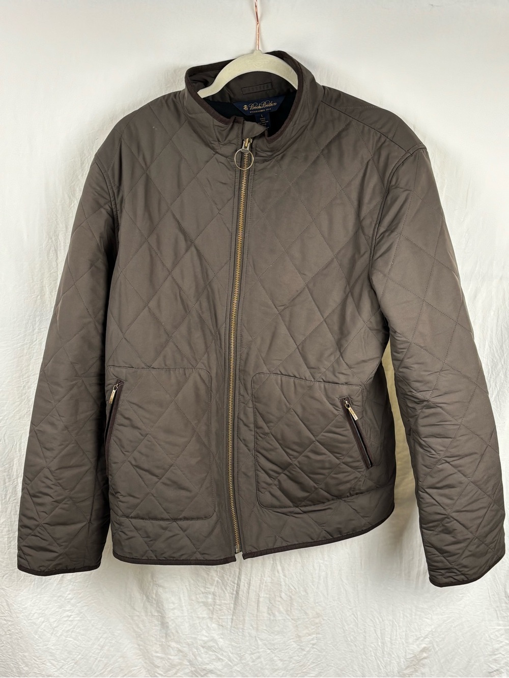 Brooks Brothers Men’s Large Quilted Jacket Barn Coat Brown with Zip Front